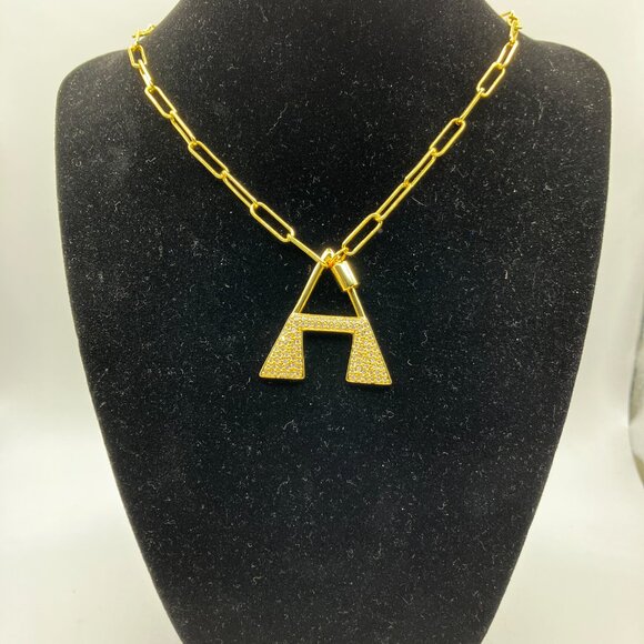 Brass Letter "A" Pendant Cubic Zirconia adjustable 20 inch Paper Clip Chain NEW - Picture 10 of 12